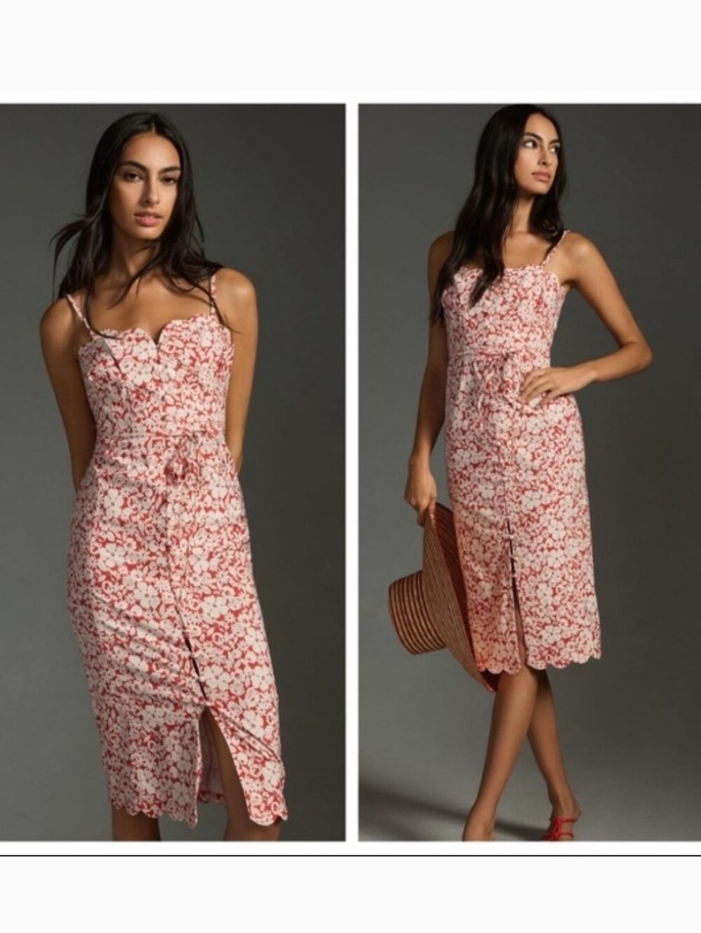 ​ANTHROPOLOGIE Dress Sz 0 Red Floral Scalloped Sweetheart Button Front Midi chic